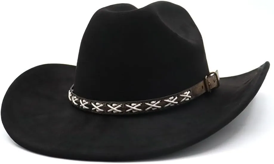 Western Suede Cowboy Hat for Women Men Wide Brim Classic Cowboy Cowgirl Hat with Buckle Belt Felt Fedora Hat