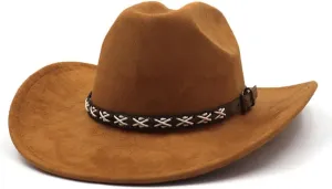Western Suede Cowboy Hat for Women Men Wide Brim Classic Cowboy Cowgirl Hat with Buckle Belt Felt Fedora Hat