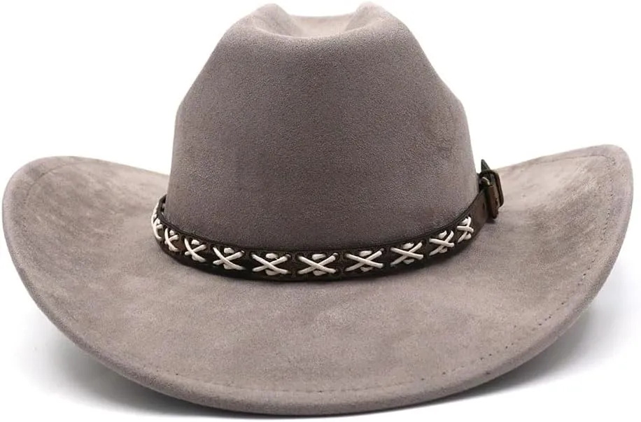 Western Suede Cowboy Hat for Women Men Wide Brim Classic Cowboy Cowgirl Hat with Buckle Belt Felt Fedora Hat