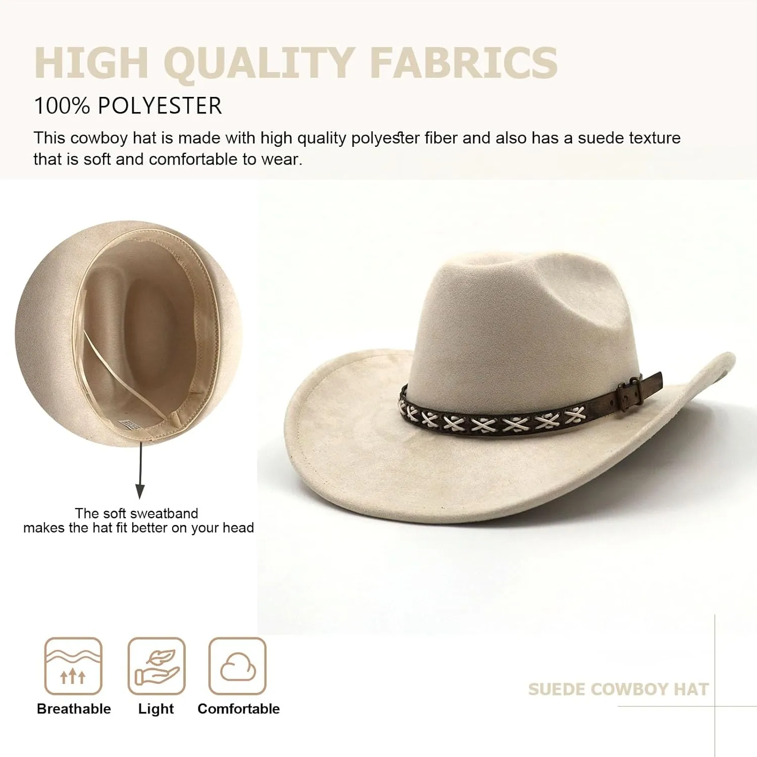 Western Suede Cowboy Hat for Women Men Wide Brim Classic Cowboy Cowgirl Hat with Buckle Belt Felt Fedora Hat