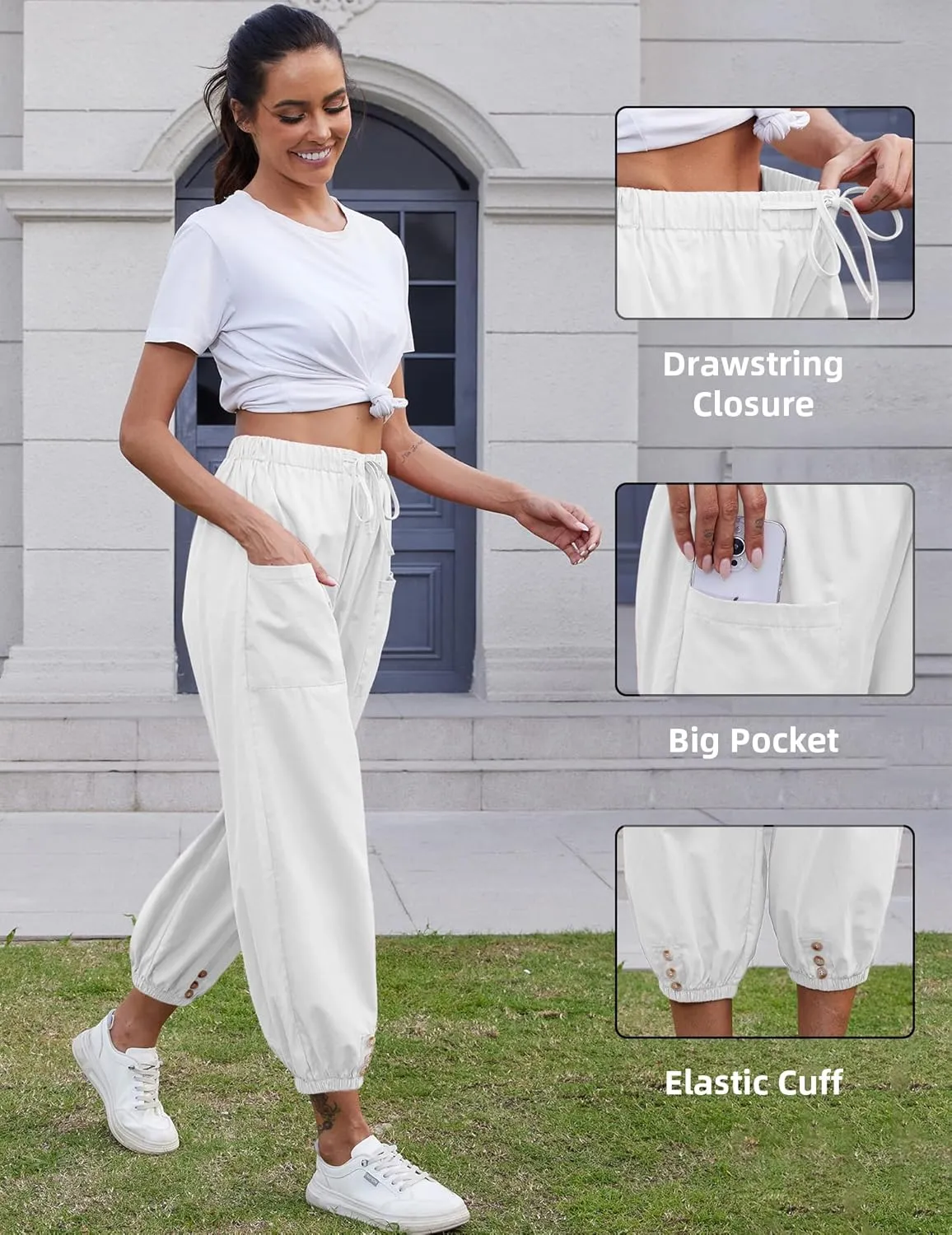 Women Capri Pants Lounge Drawstring High Elastic Waist Wide Leg Quick Dry Pants Cinch Bottom Trousers