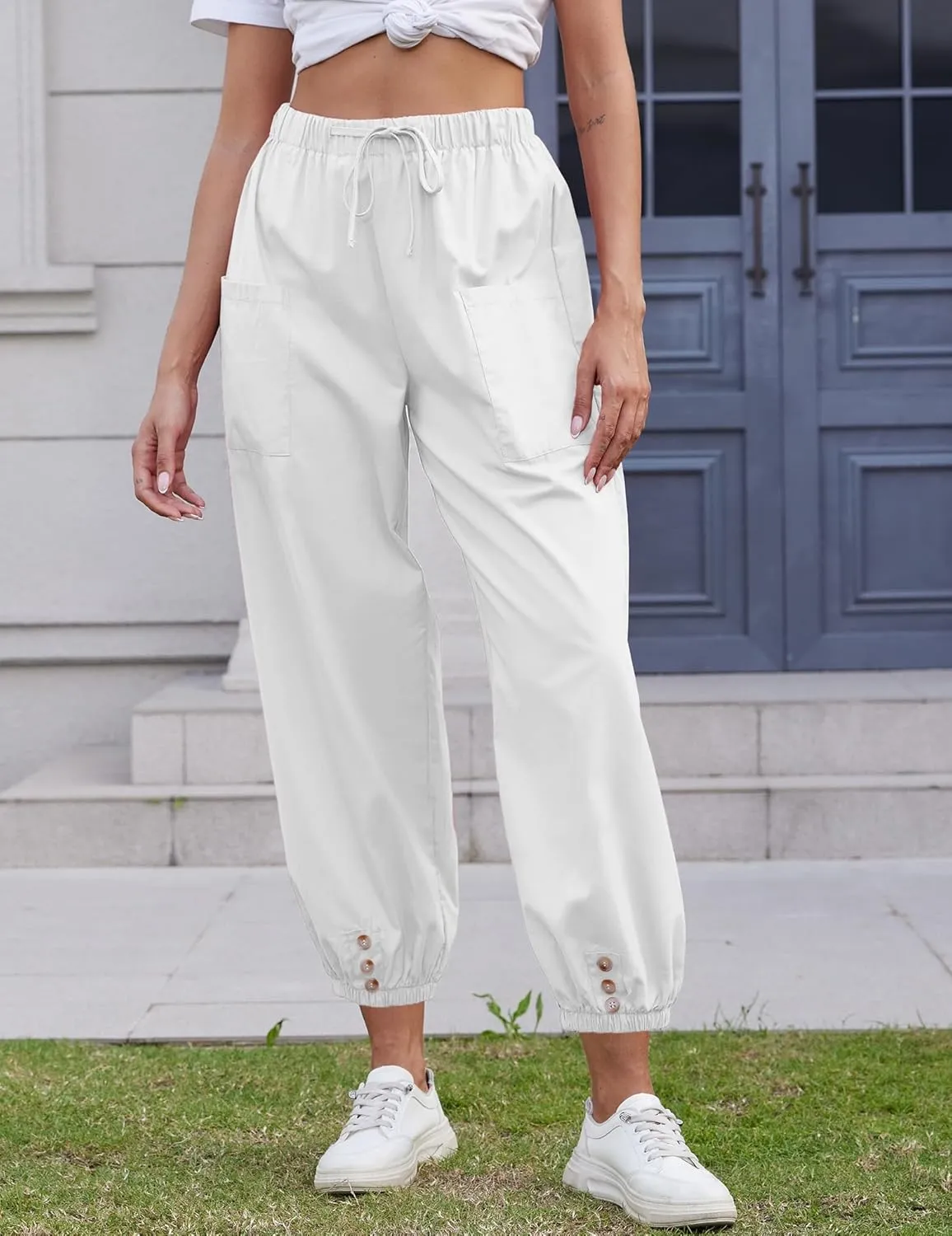 Women Capri Pants Lounge Drawstring High Elastic Waist Wide Leg Quick Dry Pants Cinch Bottom Trousers