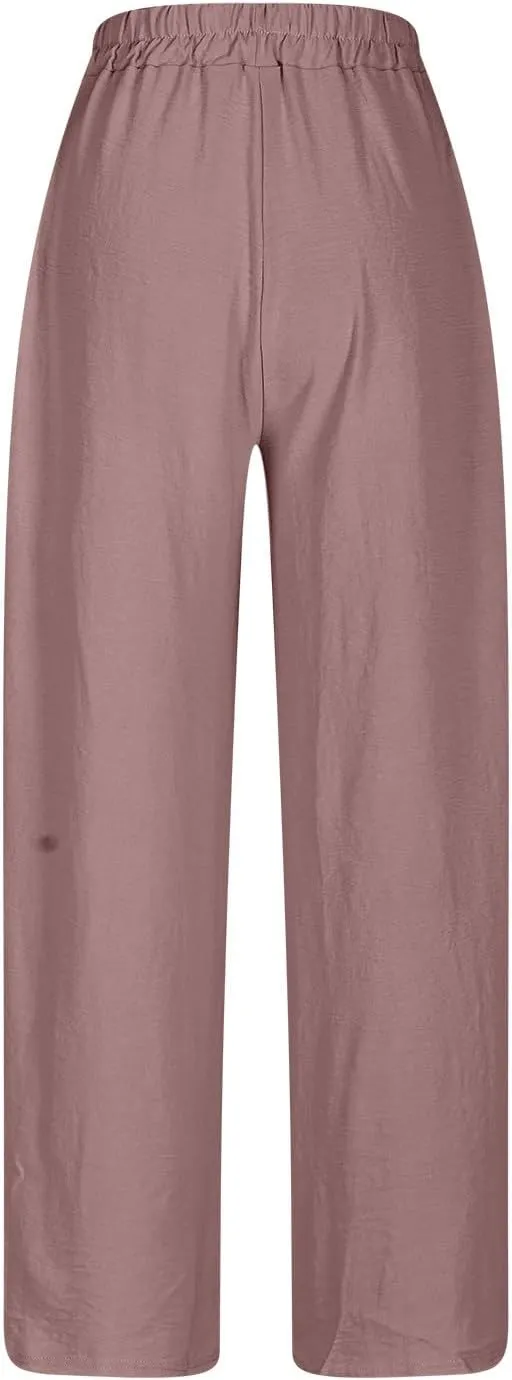 Women Cotton Linen Pants, Lightweight Summer Drawstring Tapered Trousers Casual Elastic High Waist Slack with Pockets