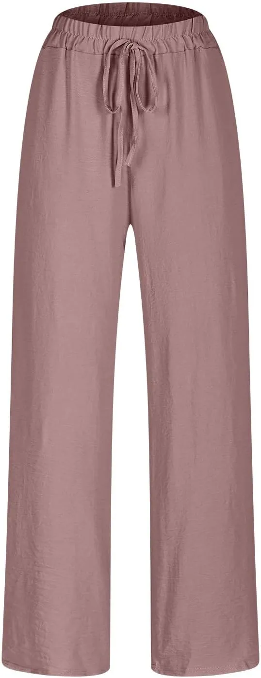 Women Cotton Linen Pants, Lightweight Summer Drawstring Tapered Trousers Casual Elastic High Waist Slack with Pockets