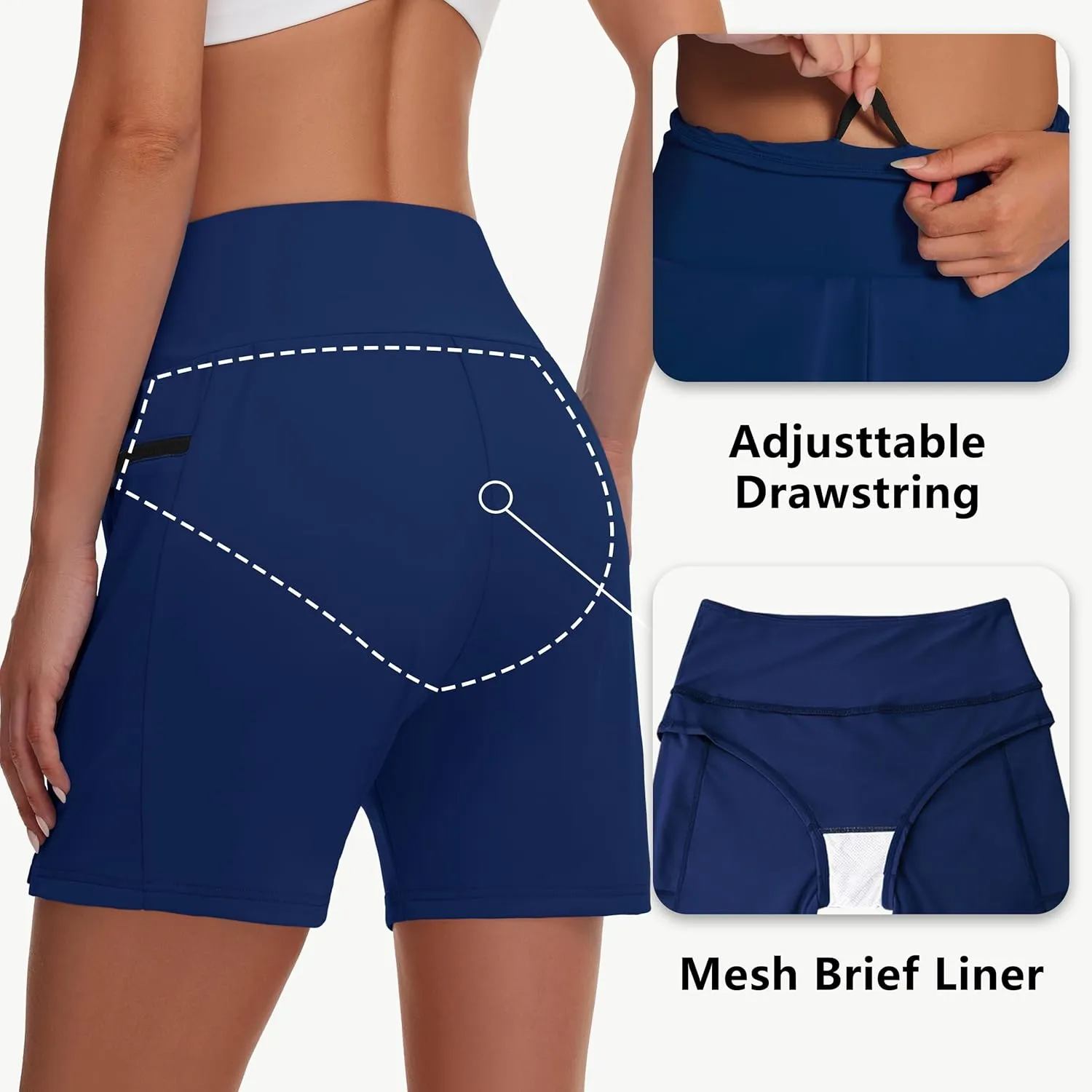 Women's 5" Swim Shorts - Tummy Control High Waisted Loose Fitting with Zipper Pocket Liner Quick Dry Bottom UPF50 