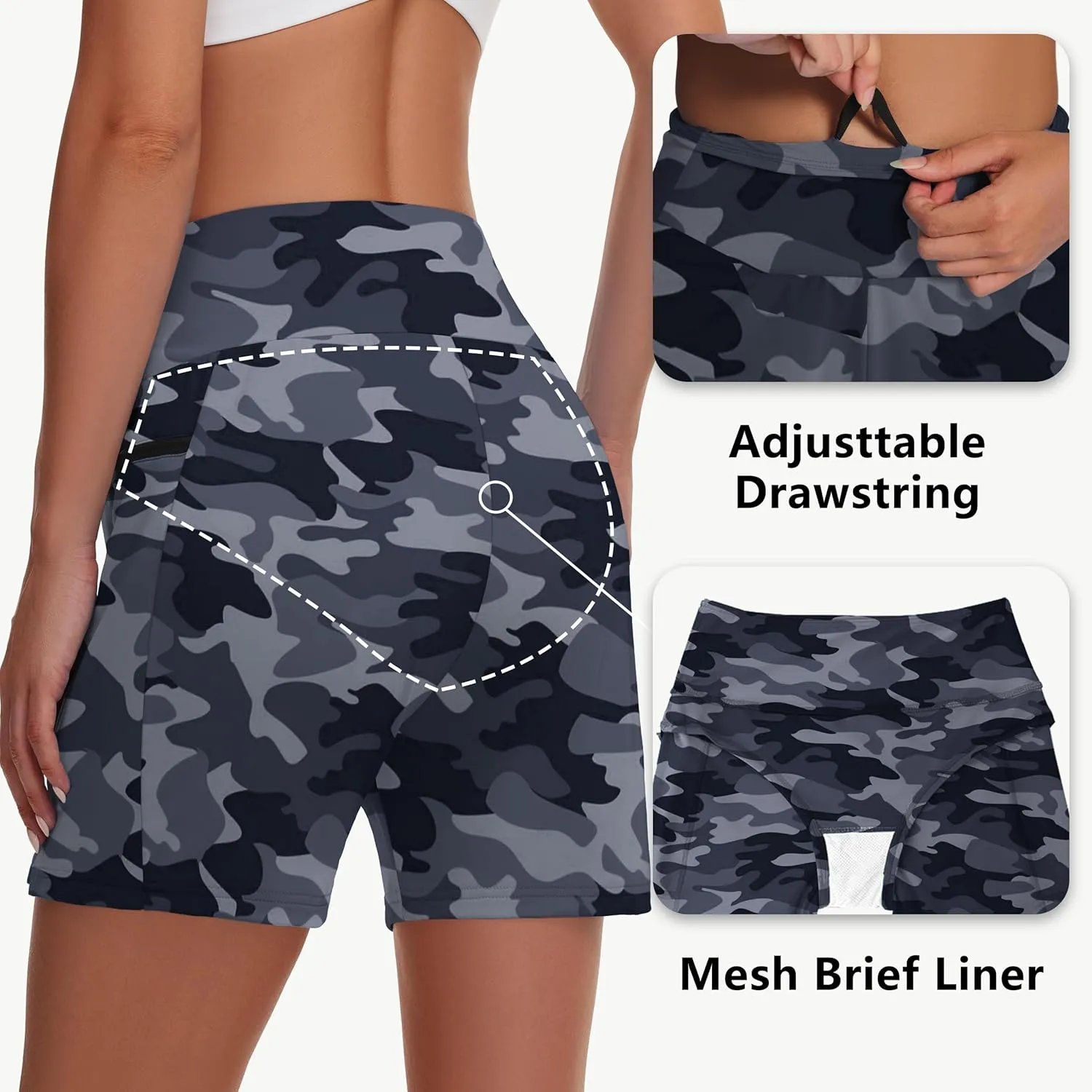 Women's 5" Swim Shorts - Tummy Control High Waisted Loose Fitting with Zipper Pocket Liner Quick Dry Bottom UPF50 
