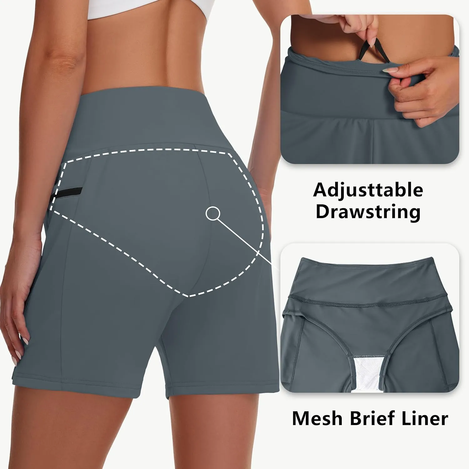 Women's 5" Swim Shorts - Tummy Control High Waisted Loose Fitting with Zipper Pocket Liner Quick Dry Bottom UPF50 