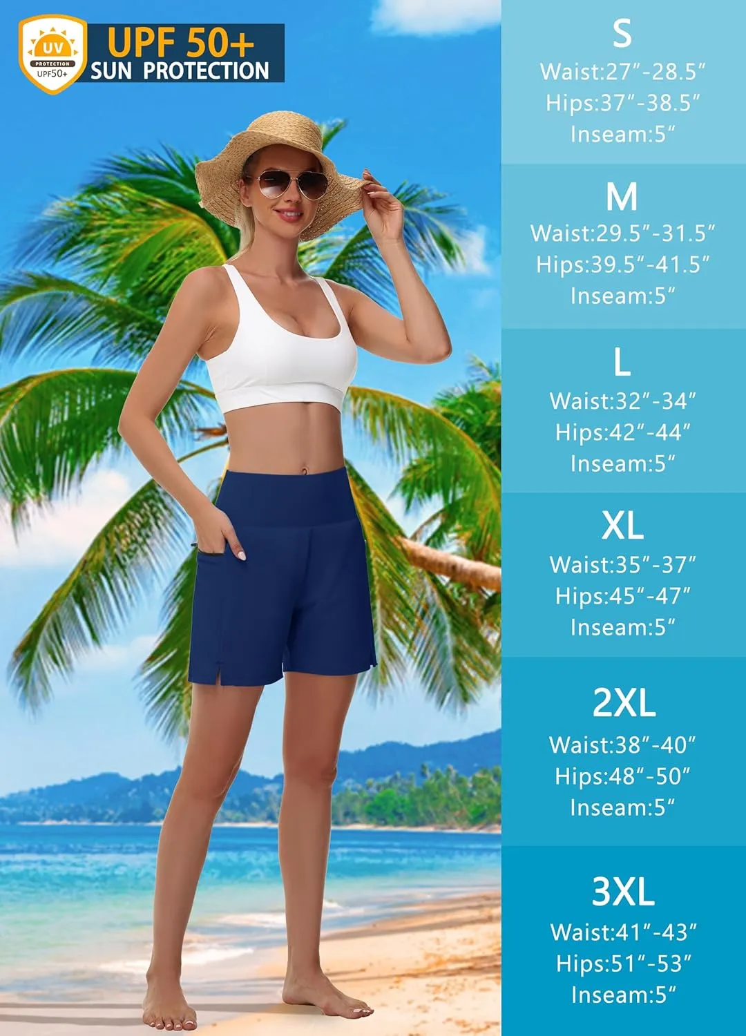 Women's 5" Swim Shorts - Tummy Control High Waisted Loose Fitting with Zipper Pocket Liner Quick Dry Bottom UPF50 