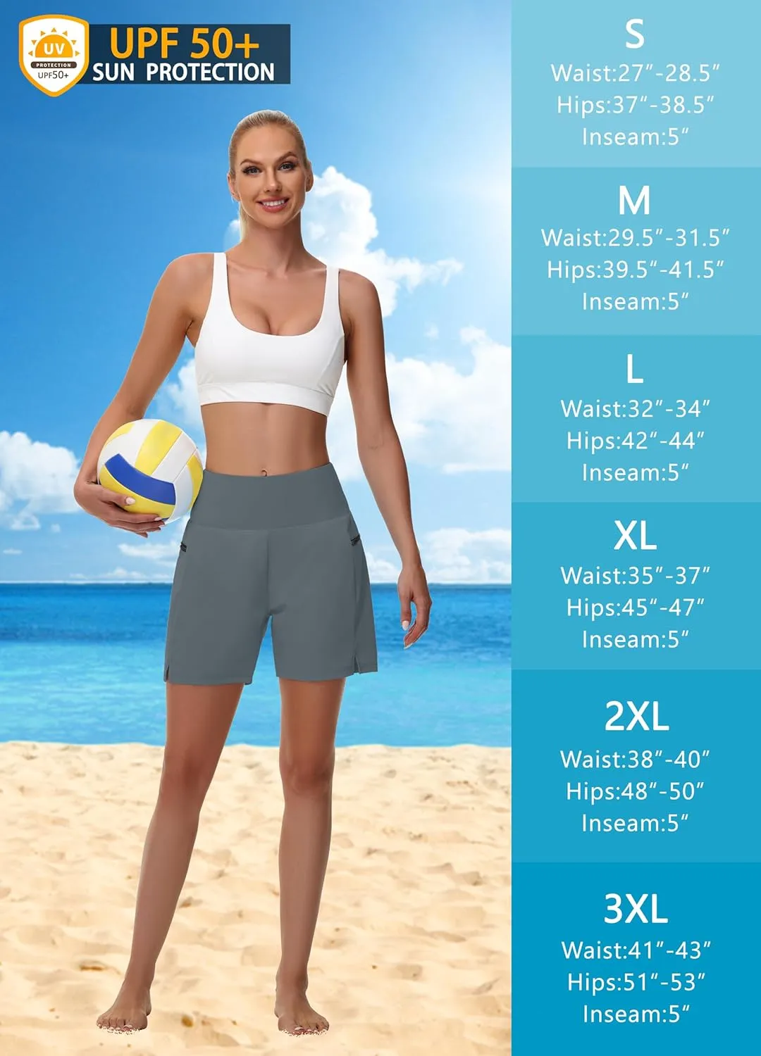 Women's 5" Swim Shorts - Tummy Control High Waisted Loose Fitting with Zipper Pocket Liner Quick Dry Bottom UPF50 
