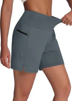 Women's 5" Swim Shorts - Tummy Control High Waisted Loose Fitting with Zipper Pocket Liner Quick Dry Bottom UPF50 