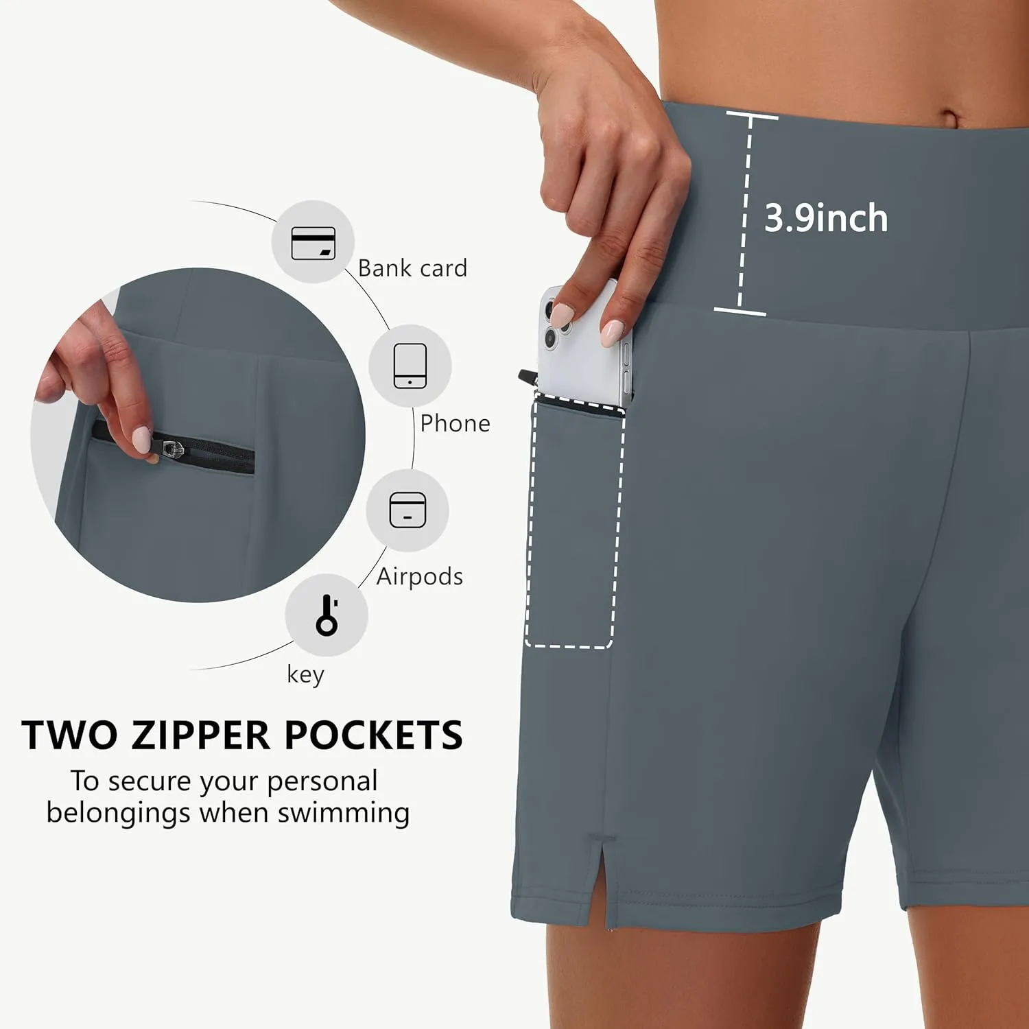 Women's 5" Swim Shorts - Tummy Control High Waisted Loose Fitting with Zipper Pocket Liner Quick Dry Bottom UPF50 