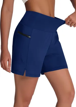 Women's 5" Swim Shorts - Tummy Control High Waisted Loose Fitting with Zipper Pocket Liner Quick Dry Bottom UPF50 