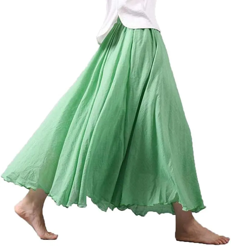 Women's Bohemian Style Elastic Waist Band Cotton Linen Long Maxi Skirt Dress Double Layer Skirts