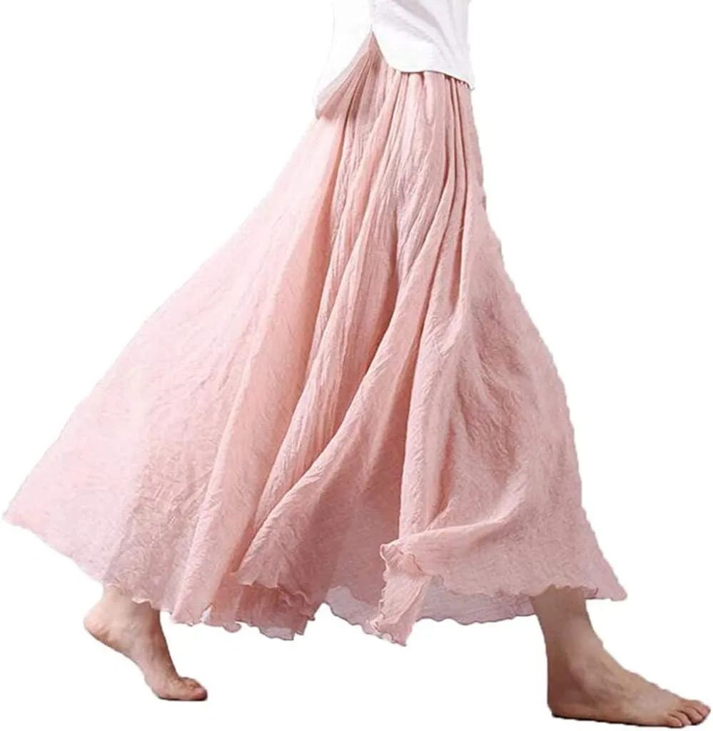 Women's Bohemian Style Elastic Waist Band Cotton Linen Long Maxi Skirt Dress Double Layer Skirts