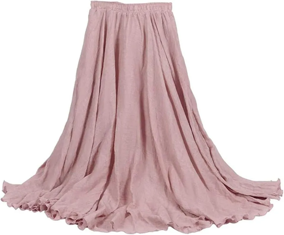 Women's Bohemian Style Elastic Waist Band Cotton Linen Long Maxi Skirt Dress Double Layer Skirts