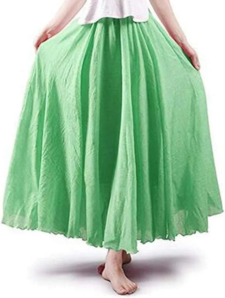Women's Bohemian Style Elastic Waist Band Cotton Linen Long Maxi Skirt Dress Double Layer Skirts