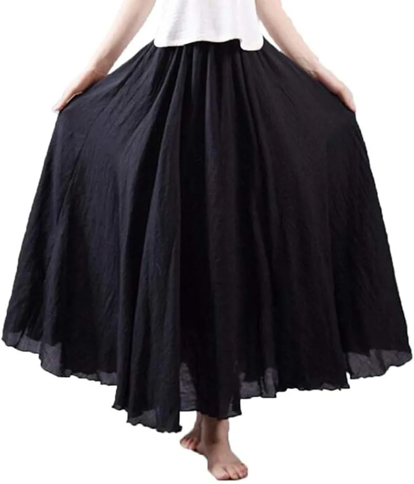 Women's Bohemian Style Elastic Waist Band Cotton Linen Long Maxi Skirt Dress Double Layer Skirts