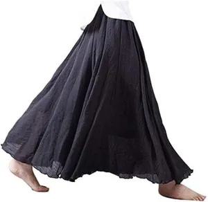 Women's Bohemian Style Elastic Waist Band Cotton Linen Long Maxi Skirt Dress Double Layer Skirts