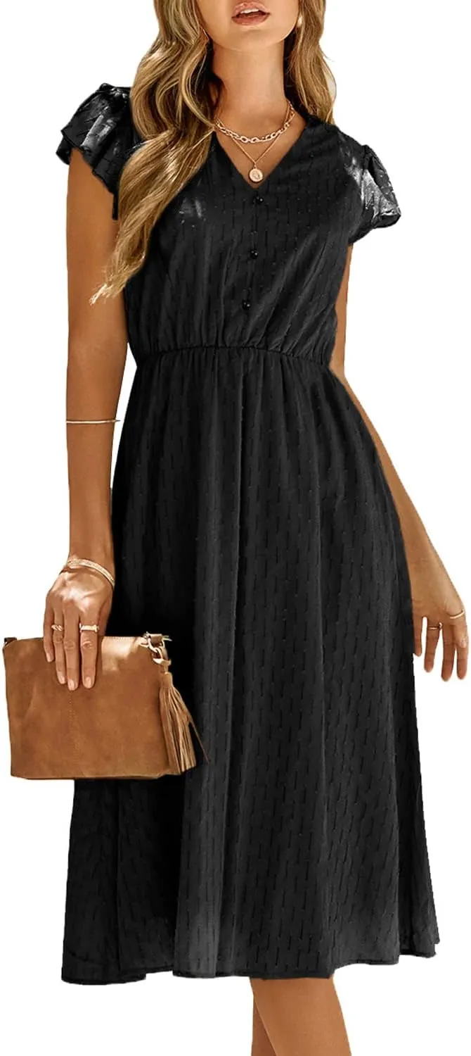 Women's Casual Loose Summer Dresses Solid Color Midi Length Ruffled Short Sleeve V Neck Sundress Button Up