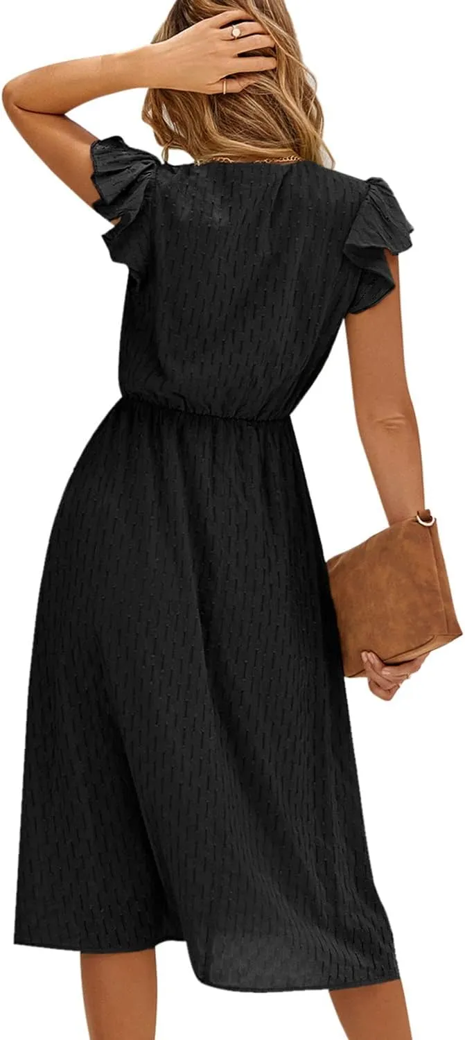 Women's Casual Loose Summer Dresses Solid Color Midi Length Ruffled Short Sleeve V Neck Sundress Button Up