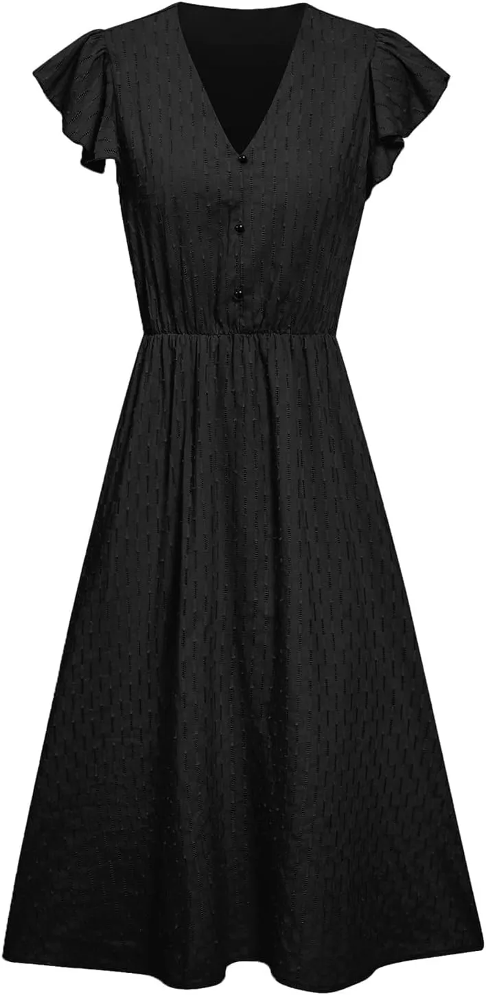 Women's Casual Loose Summer Dresses Solid Color Midi Length Ruffled Short Sleeve V Neck Sundress Button Up