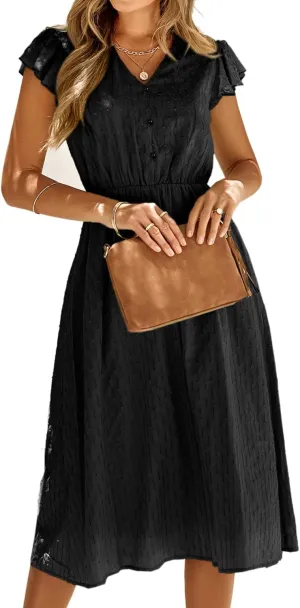 Women's Casual Loose Summer Dresses Solid Color Midi Length Ruffled Short Sleeve V Neck Sundress Button Up