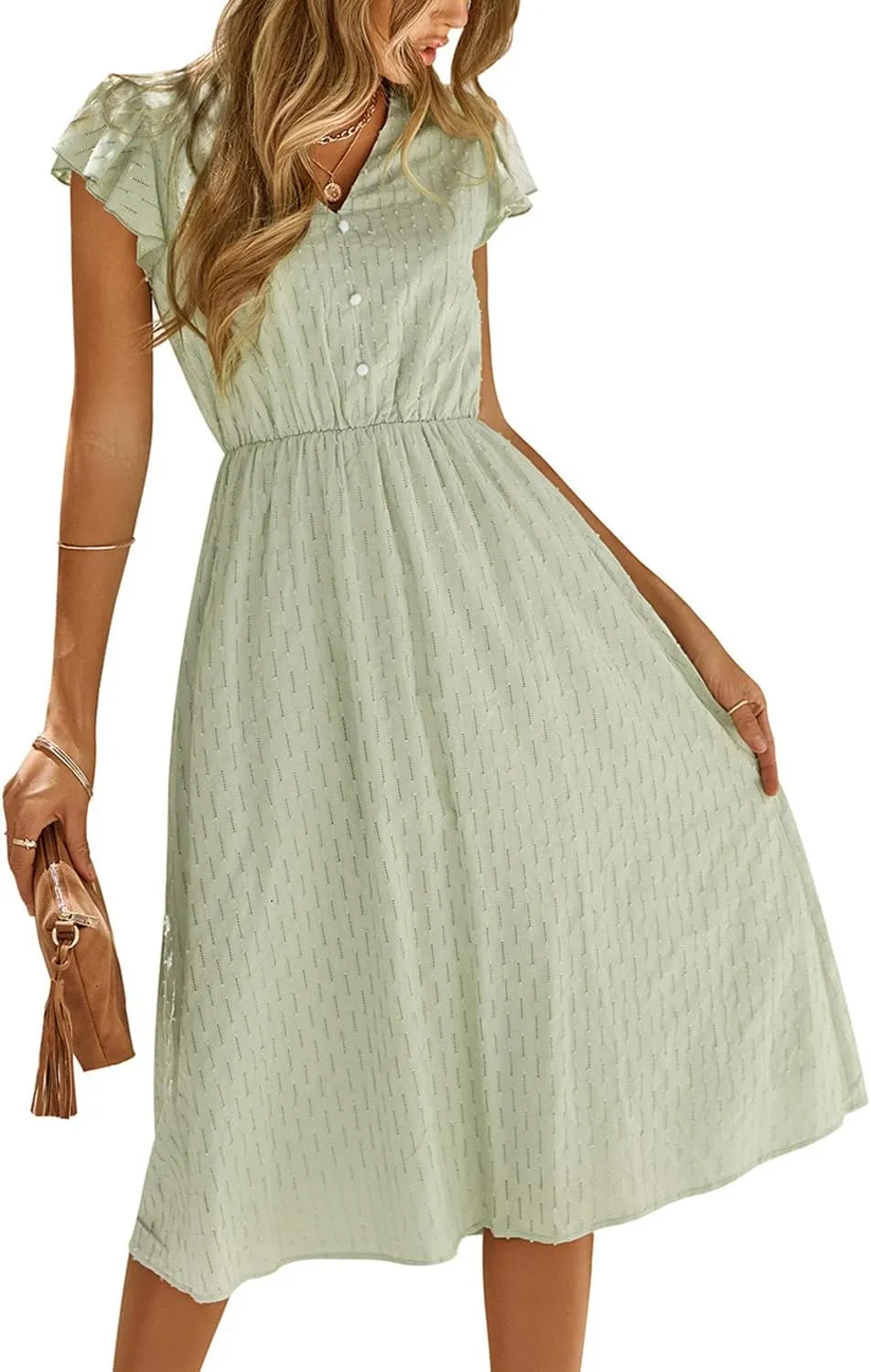 Women's Casual Loose Summer Dresses Solid Color Midi Length Ruffled Short Sleeve V Neck Sundress Button Up