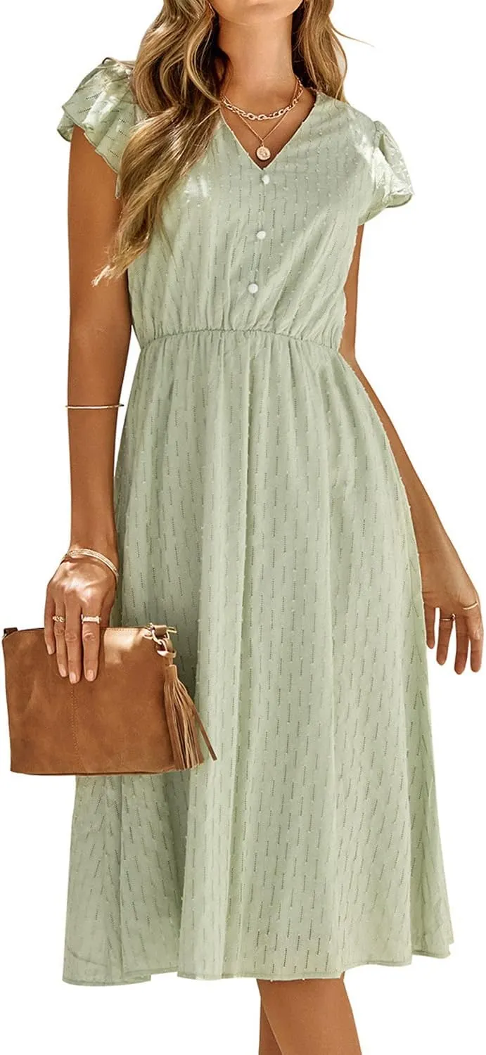Women's Casual Loose Summer Dresses Solid Color Midi Length Ruffled Short Sleeve V Neck Sundress Button Up