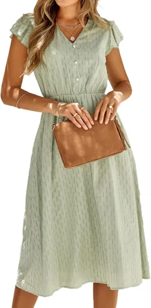 Women's Casual Loose Summer Dresses Solid Color Midi Length Ruffled Short Sleeve V Neck Sundress Button Up