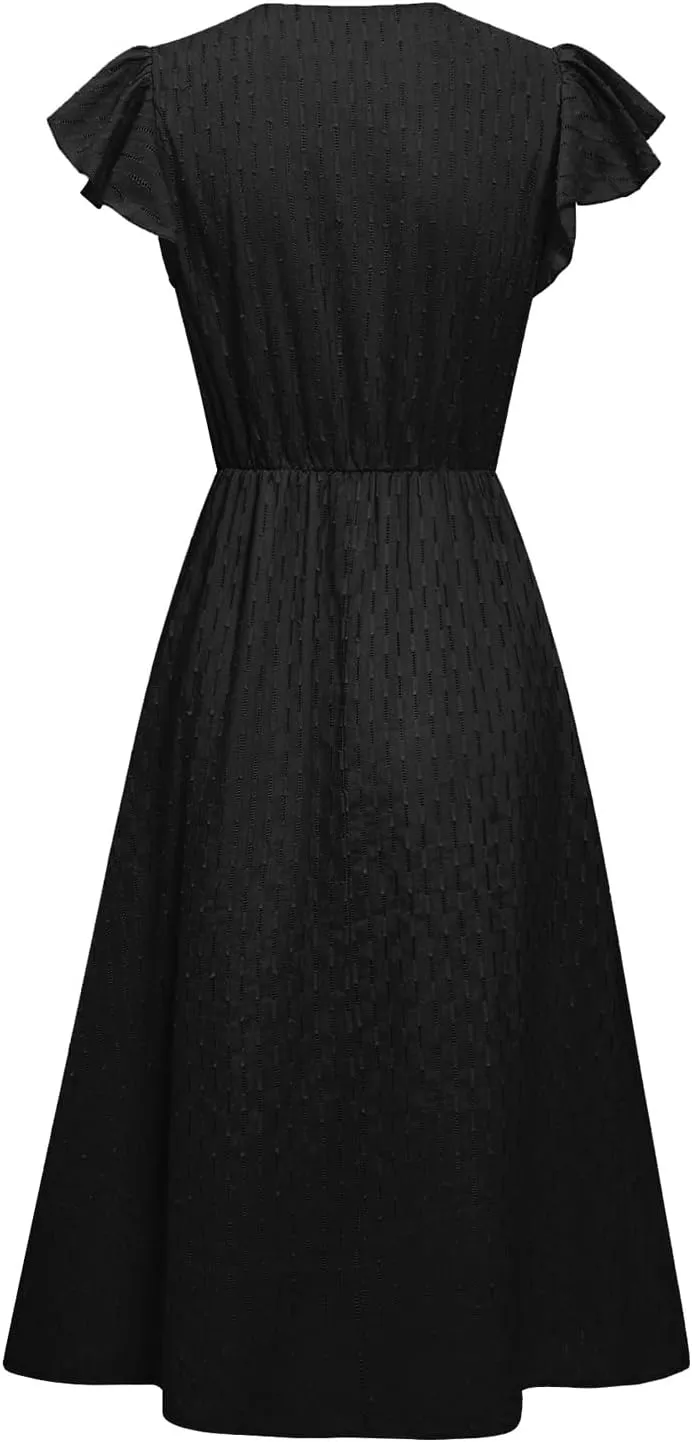 Women's Casual Loose Summer Dresses Solid Color Midi Length Ruffled Short Sleeve V Neck Sundress Button Up