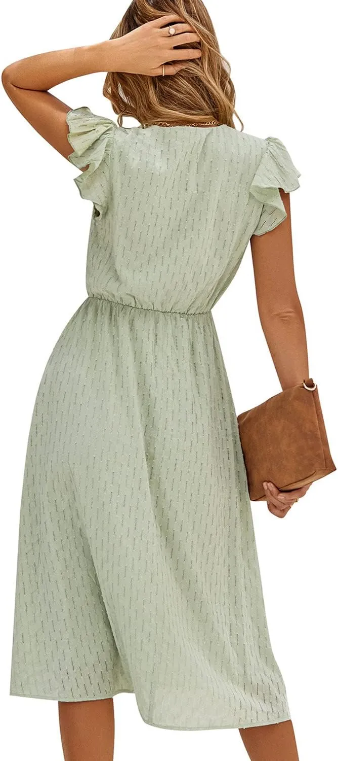 Women's Casual Loose Summer Dresses Solid Color Midi Length Ruffled Short Sleeve V Neck Sundress Button Up