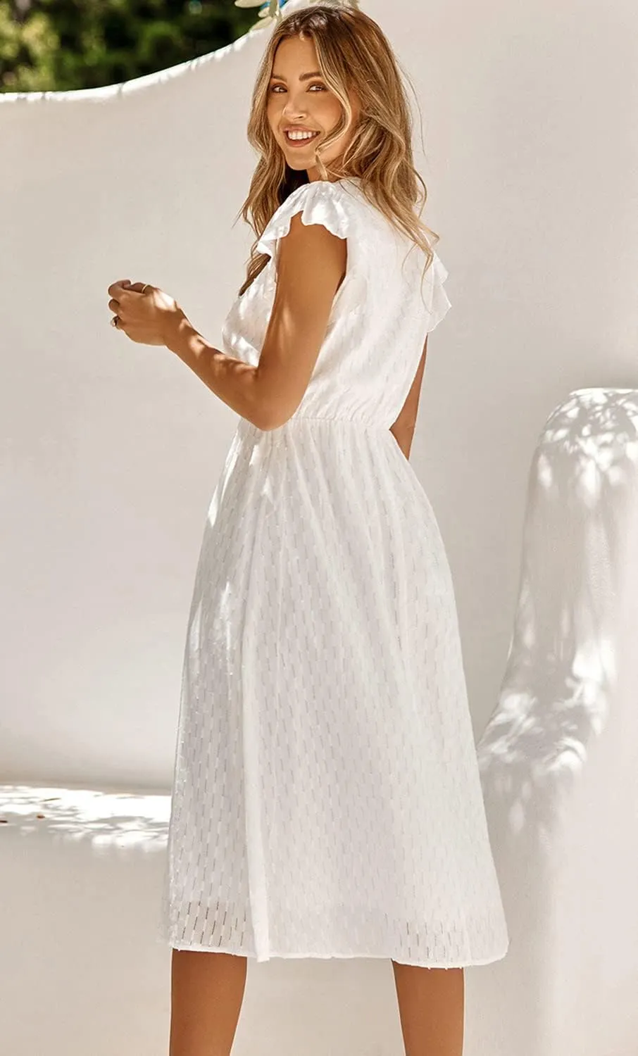 Women's Casual Loose Summer Dresses Solid Color Midi Length Ruffled Short Sleeve V Neck Sundress Button Up
