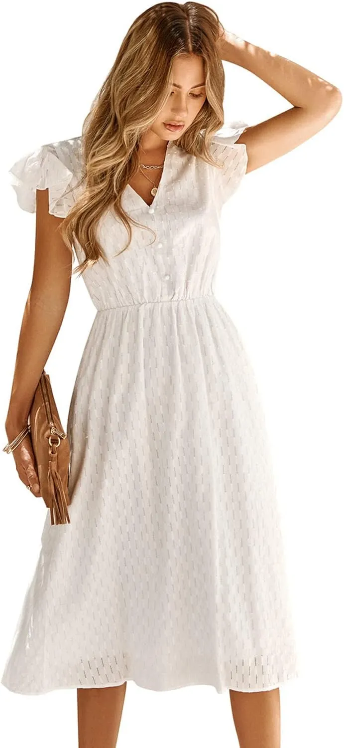 Women's Casual Loose Summer Dresses Solid Color Midi Length Ruffled Short Sleeve V Neck Sundress Button Up