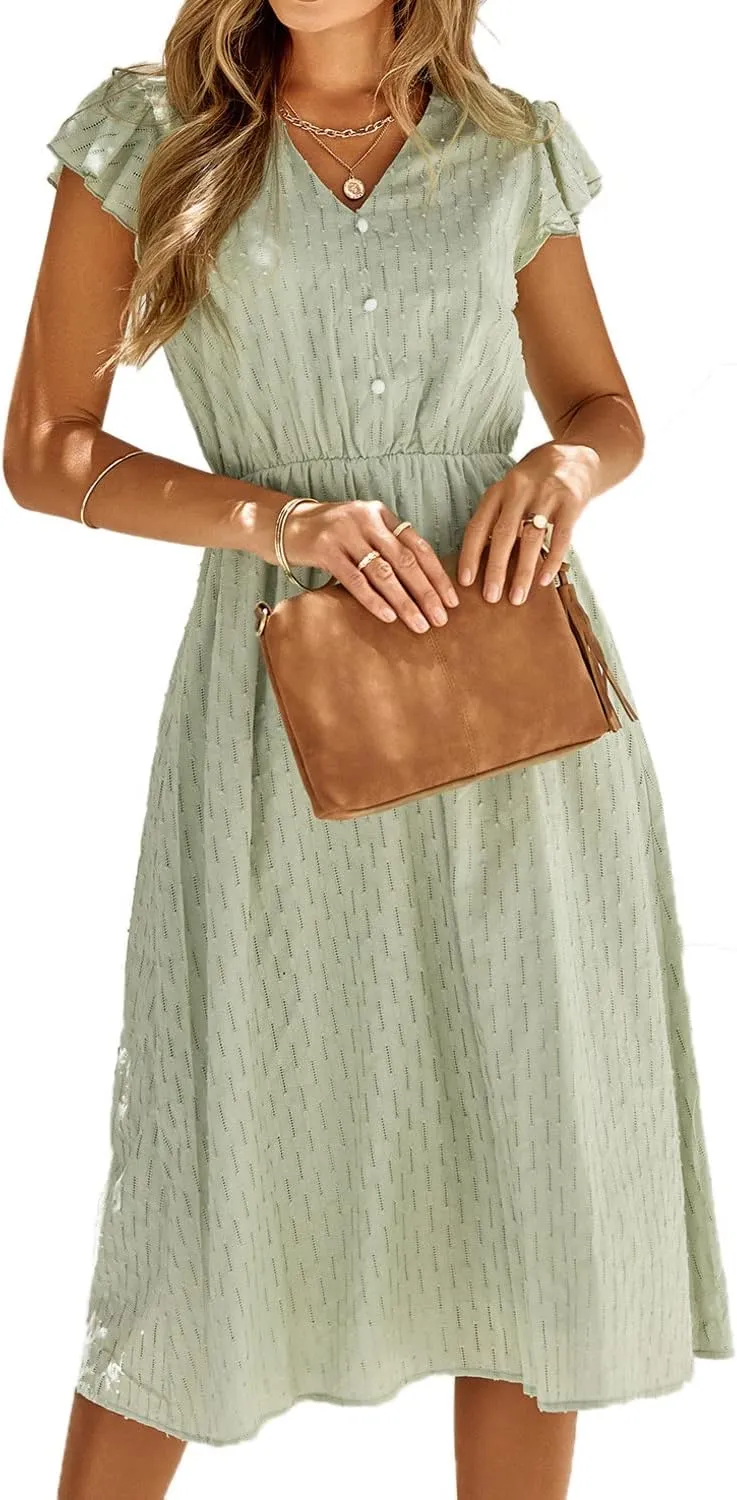 Women's Casual Loose Summer Dresses Solid Color Midi Length Ruffled Short Sleeve V Neck Sundress Button Up