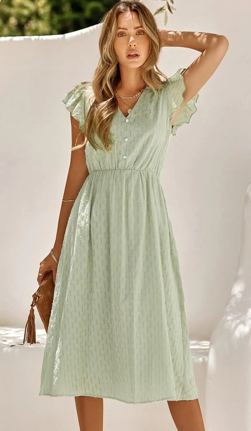 Women's Casual Loose Summer Dresses Solid Color Midi Length Ruffled Short Sleeve V Neck Sundress Button Up