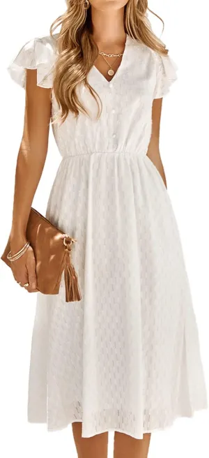 Women's Casual Loose Summer Dresses Solid Color Midi Length Ruffled Short Sleeve V Neck Sundress Button Up