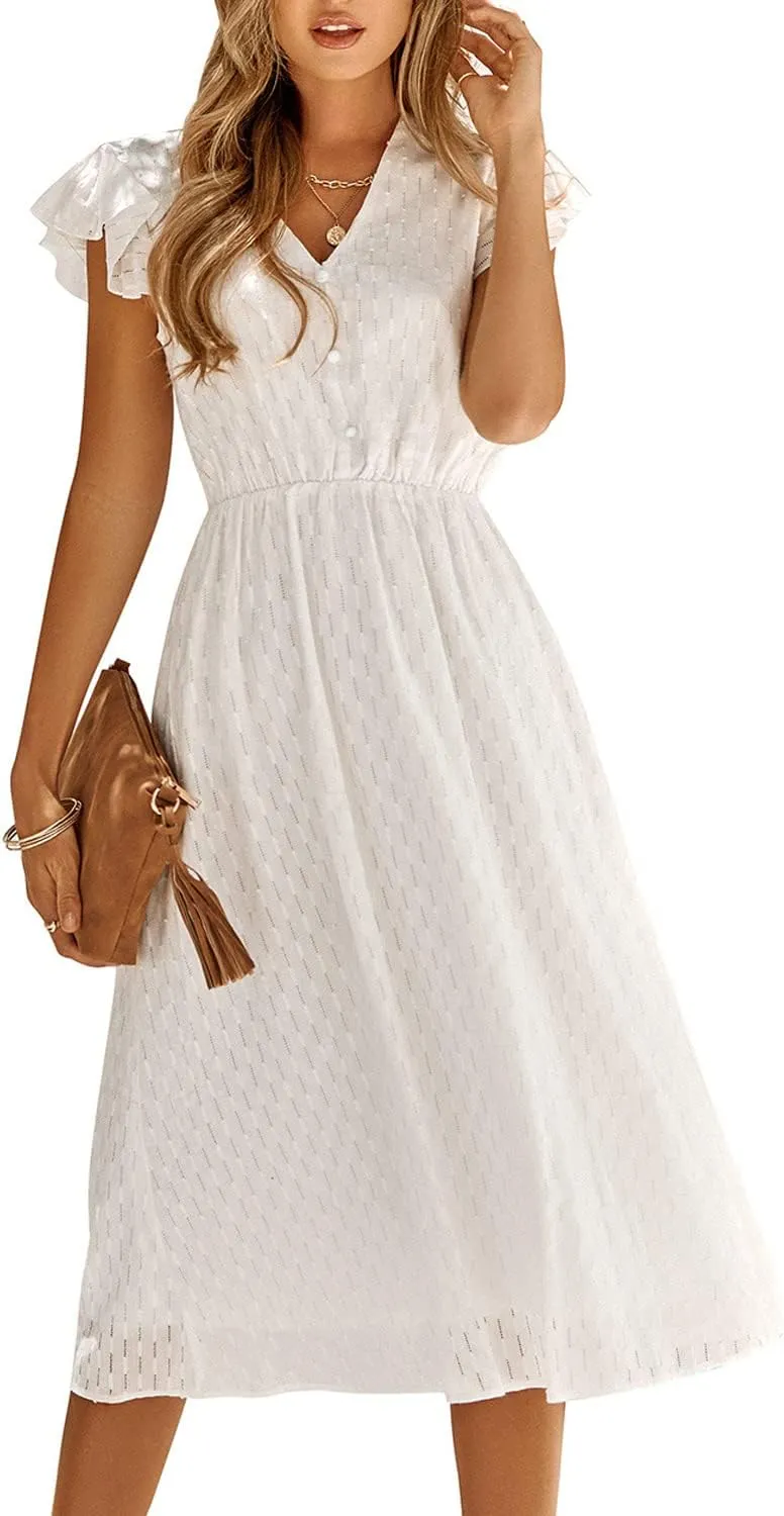 Women's Casual Loose Summer Dresses Solid Color Midi Length Ruffled Short Sleeve V Neck Sundress Button Up