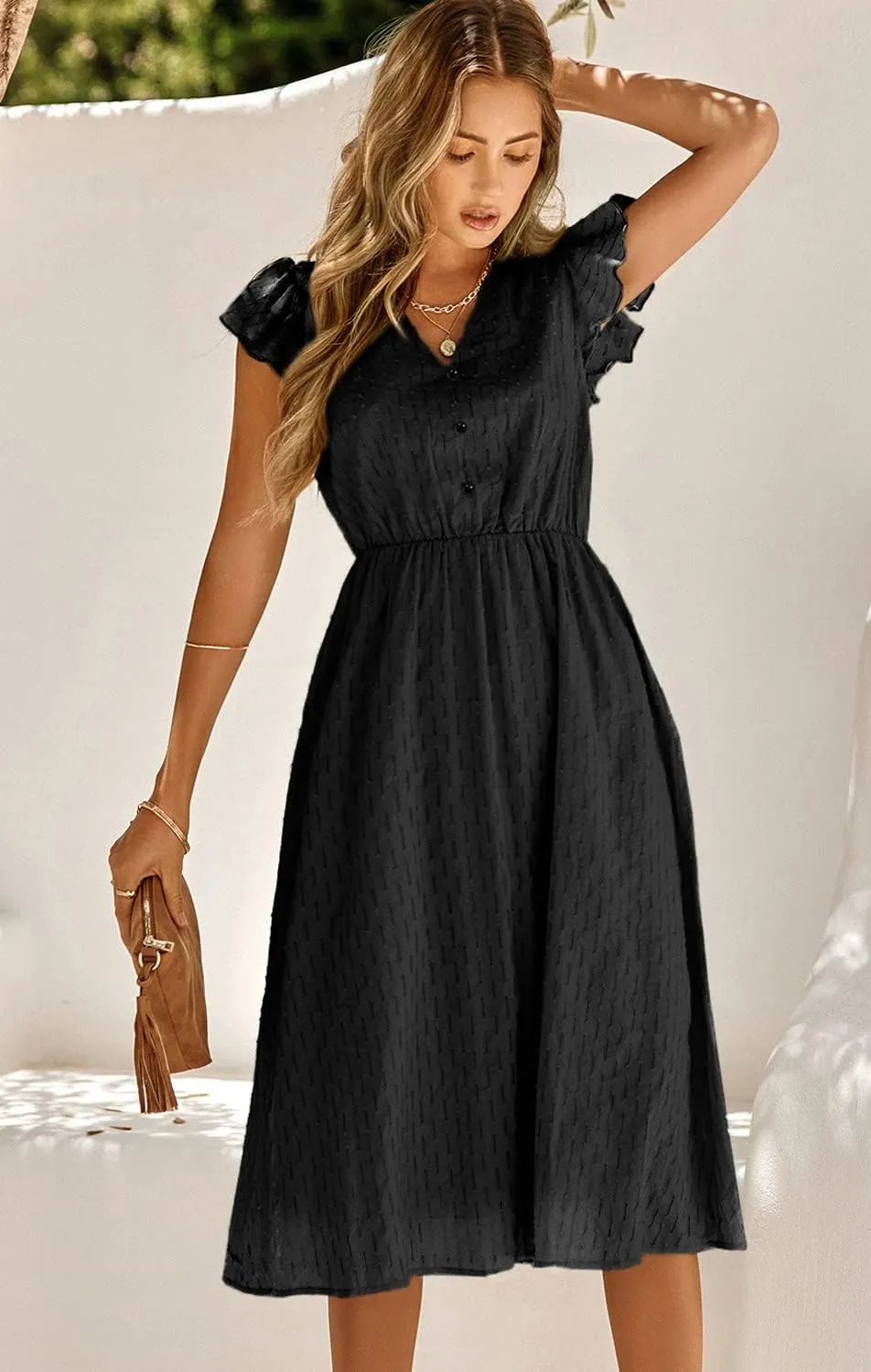 Women's Casual Loose Summer Dresses Solid Color Midi Length Ruffled Short Sleeve V Neck Sundress Button Up