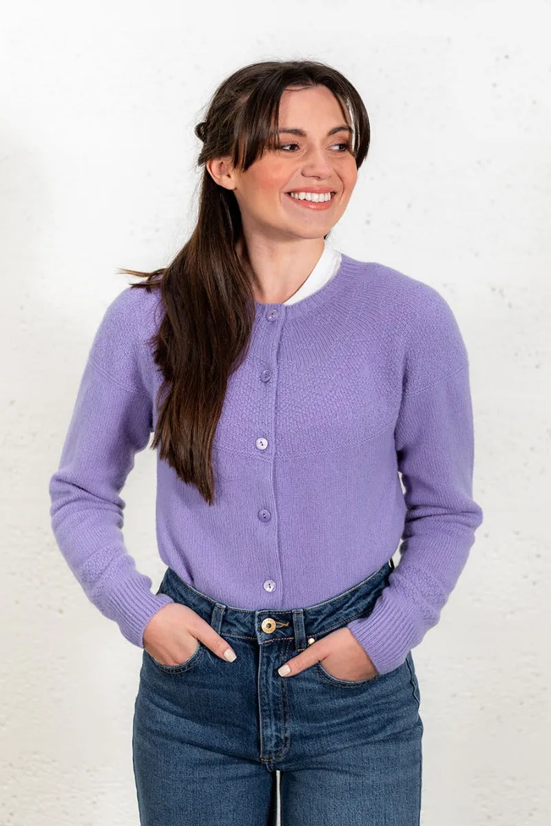 Womens Geelong Superfine Lambswool Gansey Cardigan - Lilac