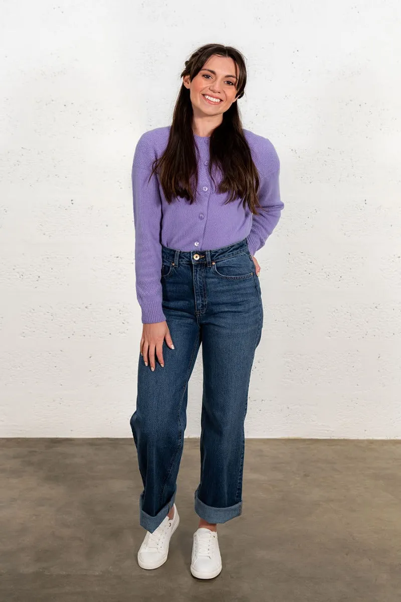 Womens Geelong Superfine Lambswool Gansey Cardigan - Lilac