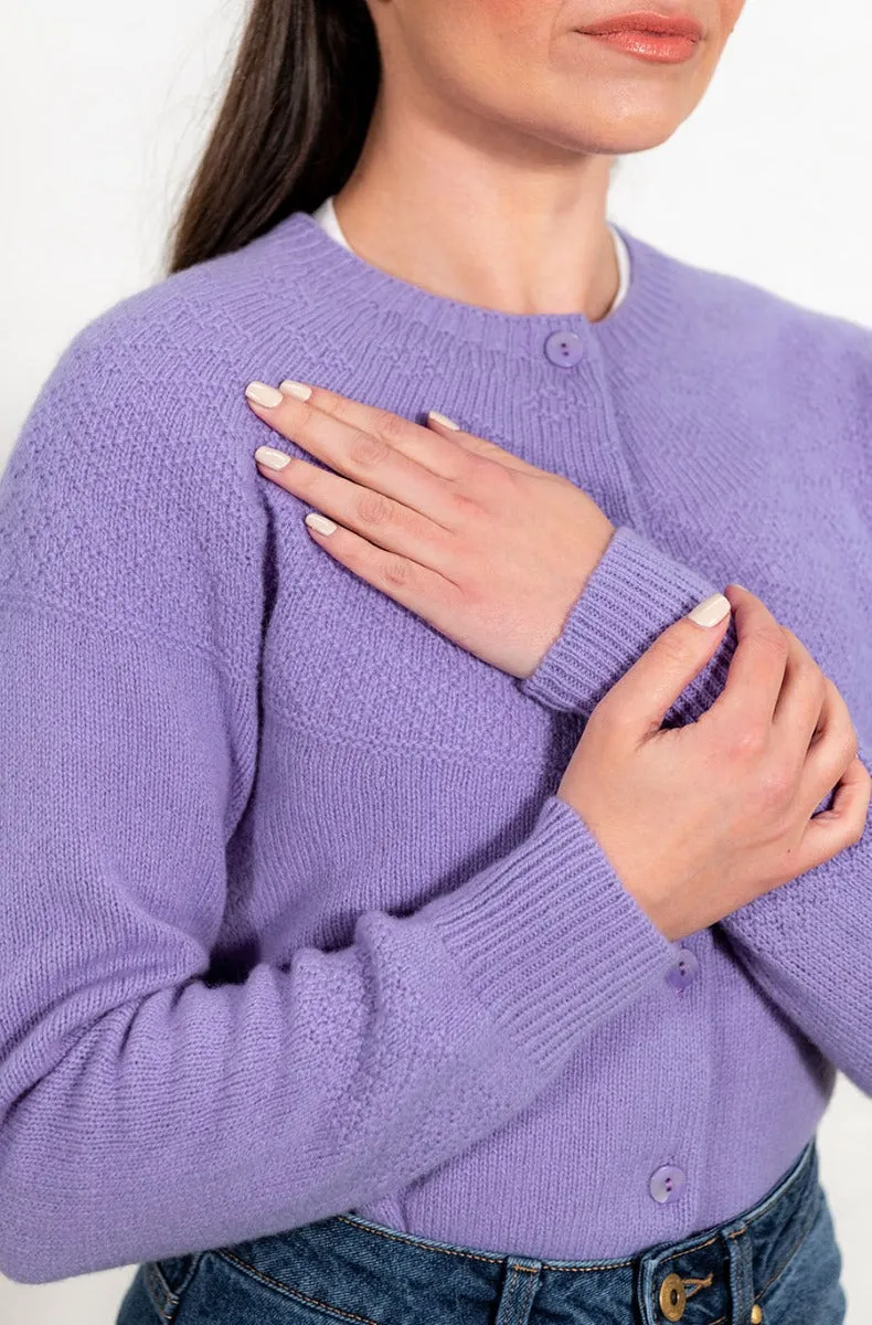 Womens Geelong Superfine Lambswool Gansey Cardigan - Lilac