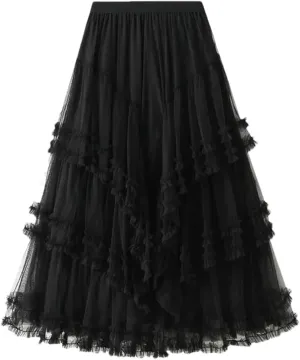 Women's Multi-Layer Mesh Skirt Chiffon Stretch High Waist A-Line Solid Pleated Midi Skirts