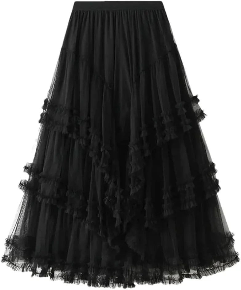 Women's Multi-Layer Mesh Skirt Chiffon Stretch High Waist A-Line Solid Pleated Midi Skirts