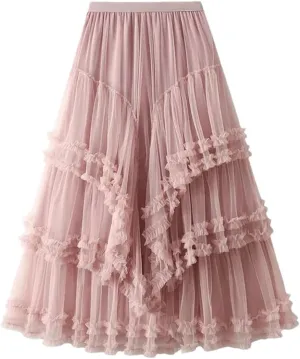 Women's Multi-Layer Mesh Skirt Chiffon Stretch High Waist A-Line Solid Pleated Midi Skirts