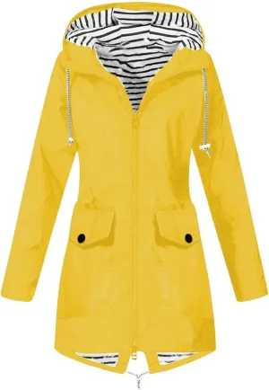 Women's Rain Jacket Long Outdoor Waterproof Hooded Raincoat Solid Drawstring Nylon Warm Zip Up Windbreaker with pockets