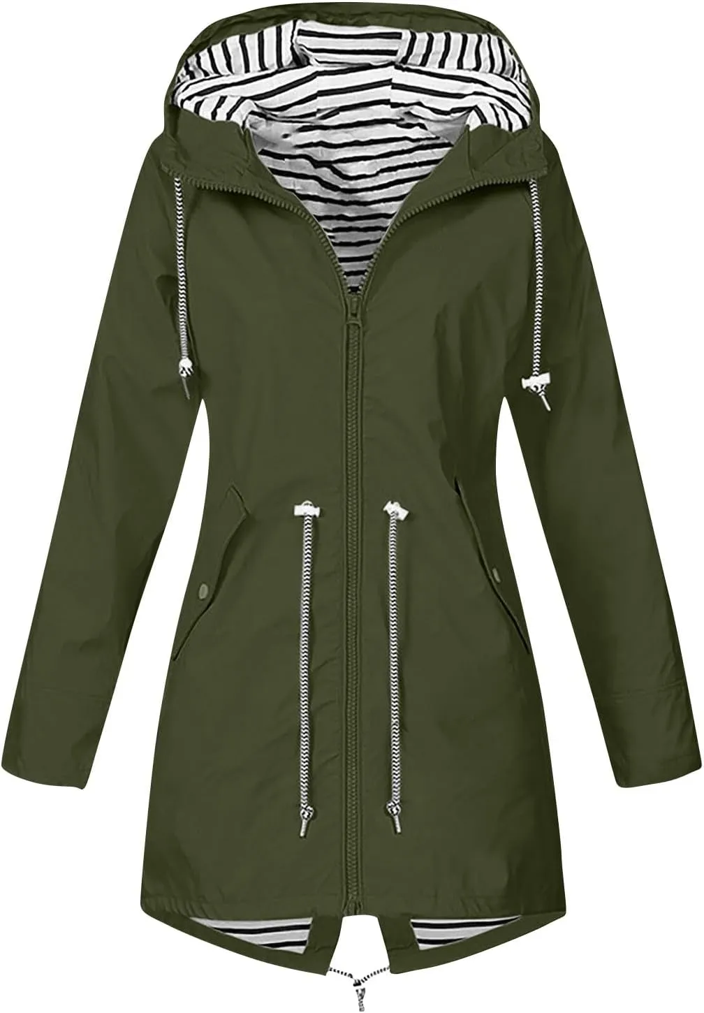 Women's Rain Jacket Long Outdoor Waterproof Hooded Raincoat Solid Drawstring Nylon Warm Zip Up Windbreaker with pockets