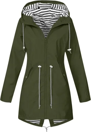 Women's Rain Jacket Long Outdoor Waterproof Hooded Raincoat Solid Drawstring Nylon Warm Zip Up Windbreaker with pockets