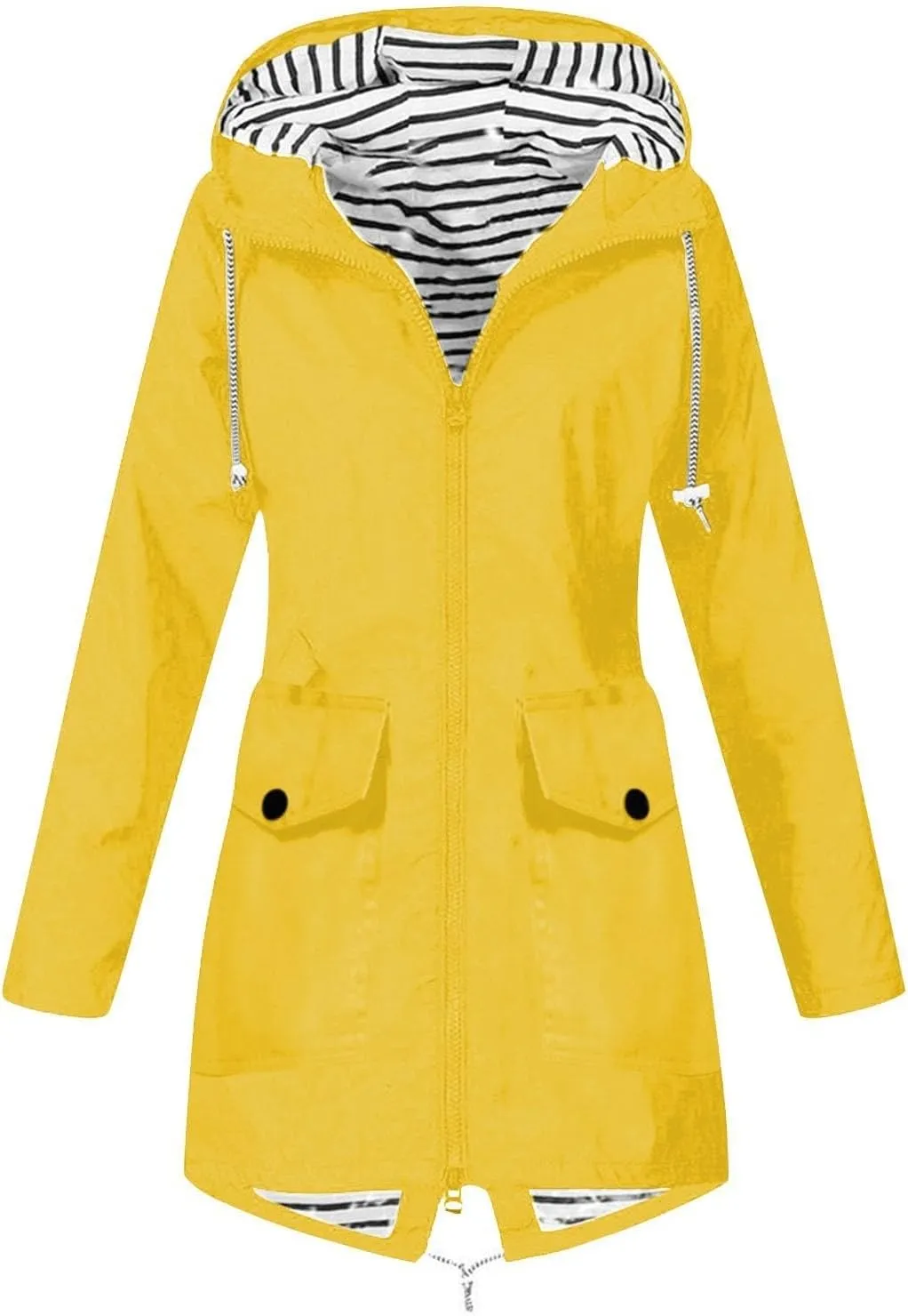 Women's Rain Jacket Long Outdoor Waterproof Hooded Raincoat Solid Drawstring Nylon Warm Zip Up Windbreaker with pockets
