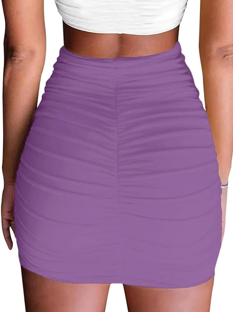 Women's Stretch High Waist Ruched Bodycon Double Layer Casual Mini Skirt