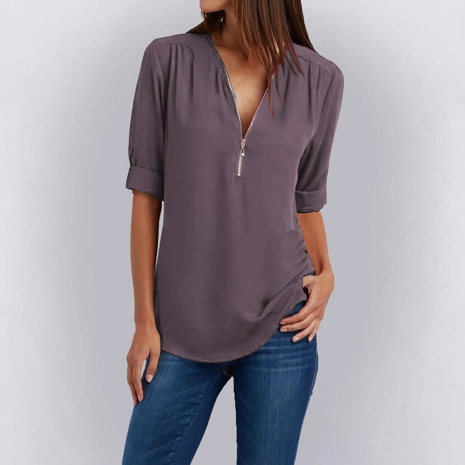 Womens Summer Tops 2025 Plus Size Zip Front 3/4 Sleeve Shirts V Neck Blouses Tunic Top Trendy Dressy Casual Outfits